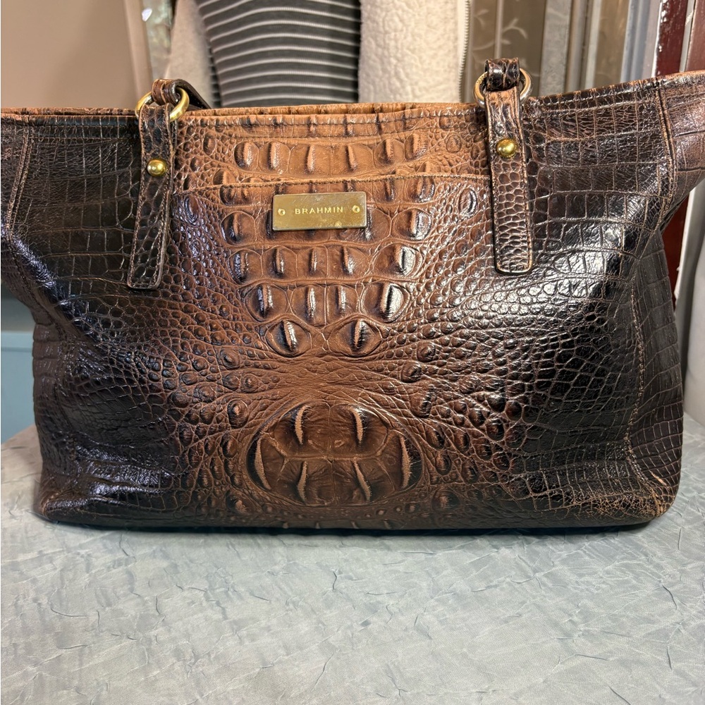 Brahmin Dark Brown Crocodile Embossed Tote